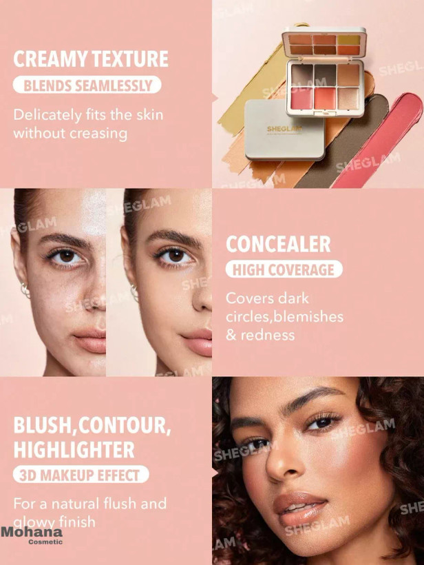 پالت کرمی چندکاره شیگلم (SHEGLAM Multi-Use Face Palette) است که برای کانتور، کانسیلر، کورکتور، رژگونه و هایلایتر طراحی شده