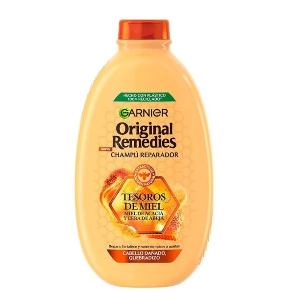 شامپو گارنیر اورجینال رمدیز (Garnier Original Remedies) مدل Tesoros de Miel / گنجینه عسل است؛ نوع ترمیم‌کننده برای موهای آسیب‌دیده و شکننده.