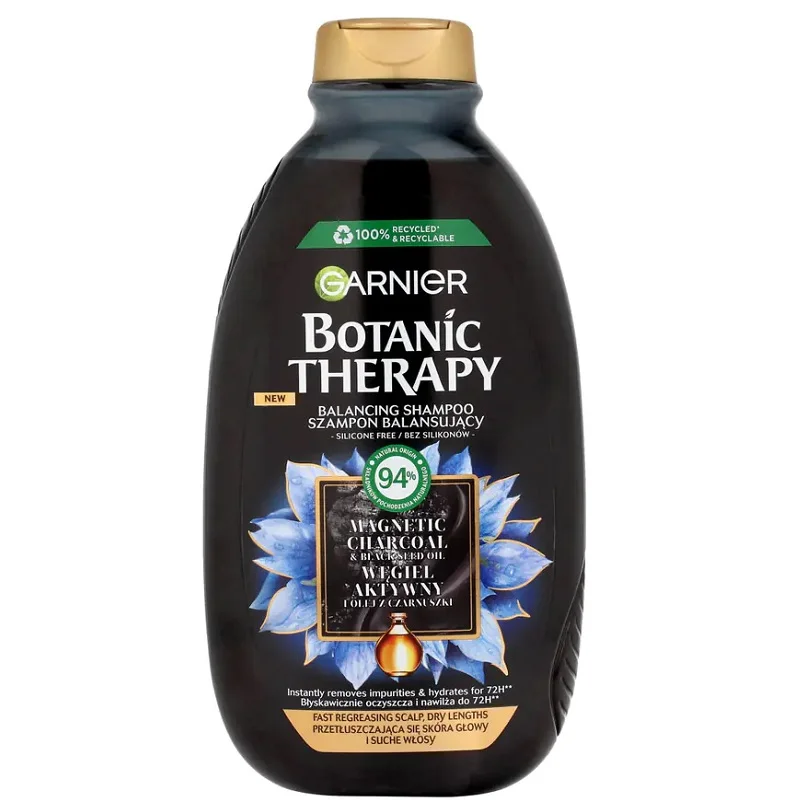 شامپو گارنیر Botanic Therapy Magnetic Charcoal & Black Seed Oil است؛ مدل Balancing / متعادل‌کننده.