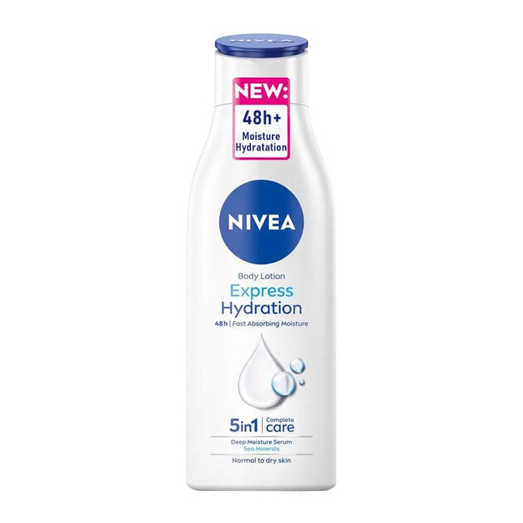 لوسیون بدن نیوآ Express Hydration است؛ همان مدل آبی/سفید که روی بستهبندی نوشته 48h + Moisture Hydration و برای پوست نرمال تا خشک طراحی شده است.