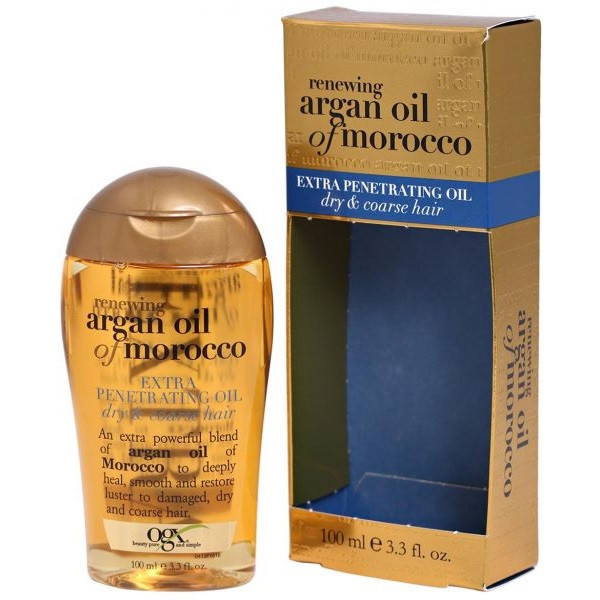 OGX روغن مو OGX Renewing + Argan Oil of Morocco Extra Penetrating Oil است؛ همان مدل طلایی مخصوص موهای خشک و زبر که در تصویر دیده می‌شود.