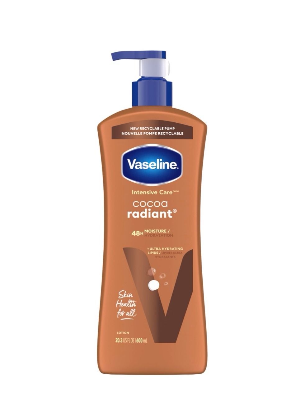 لوسیون بدن وازلین Intensive Care Cocoa Radiant با حجم ۷۲۵ میلی‌لیتر است؛ همان مدل قهوه‌ای معروف با رایحه کاکائو